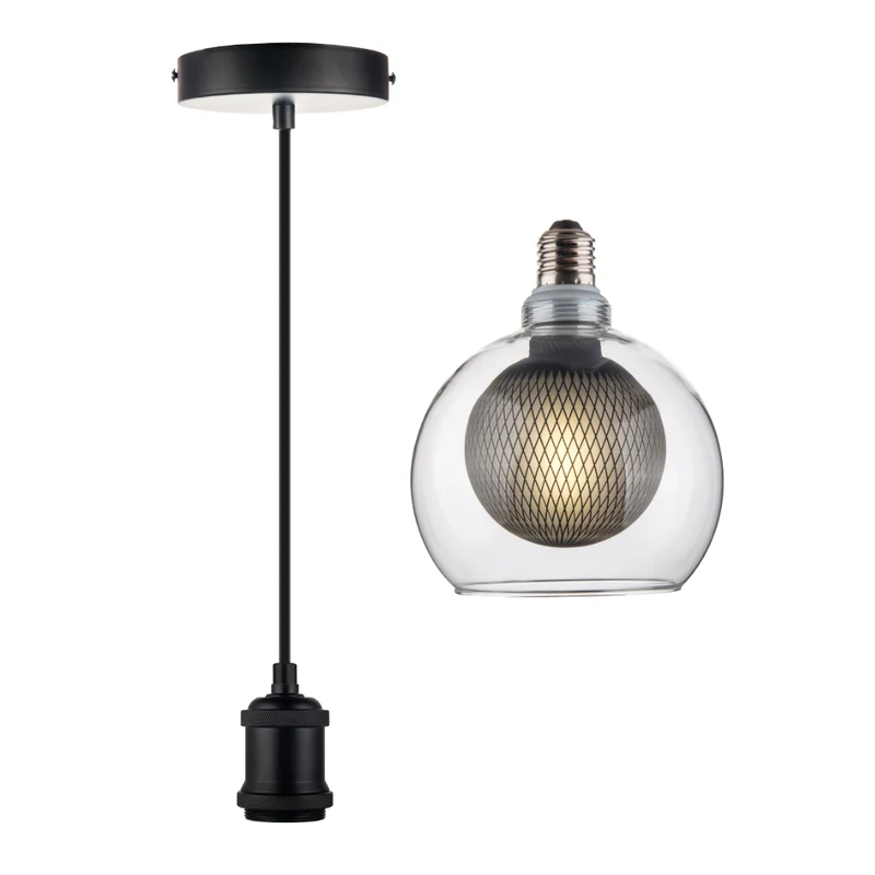 LED Filament Leuchtmittel BUBBLE MESH, inkl schwarzer E27-Fassung mit Textilkabel, 1,5m, 4W, 470lm, 2700K, dimmbar
