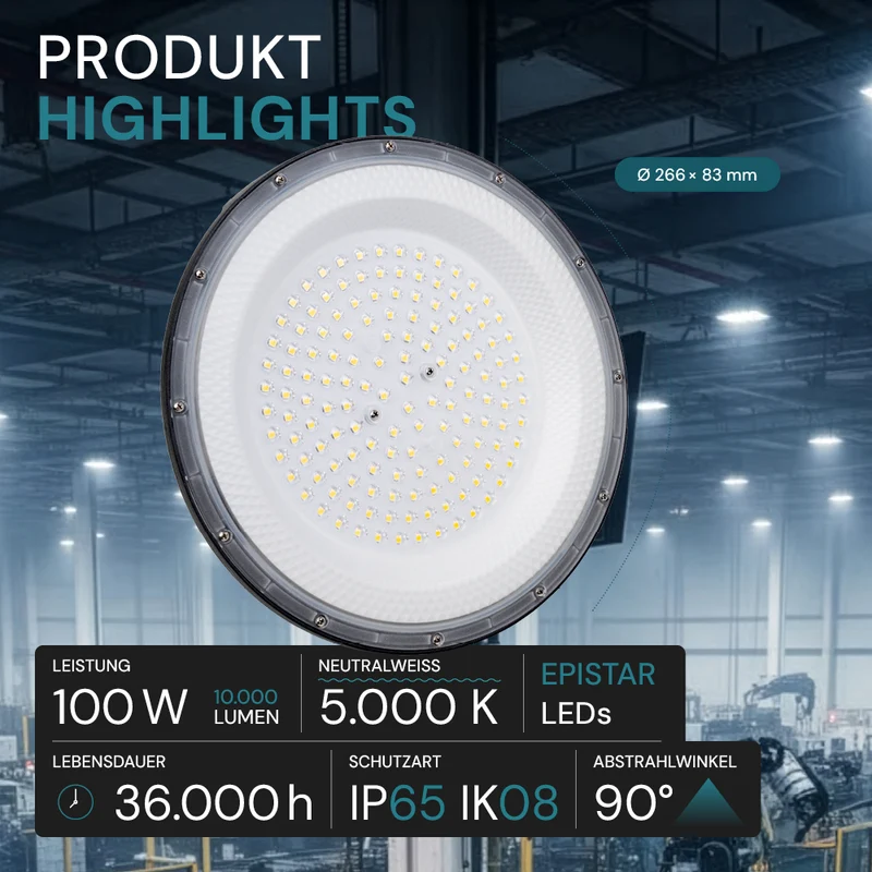 5er Pack LED-HighBay, UFO, 100 W, 10000 lm, 3CCT 3000-6500 K (warm-, neutral-, kaltweiß), IP65, EPISTAR
