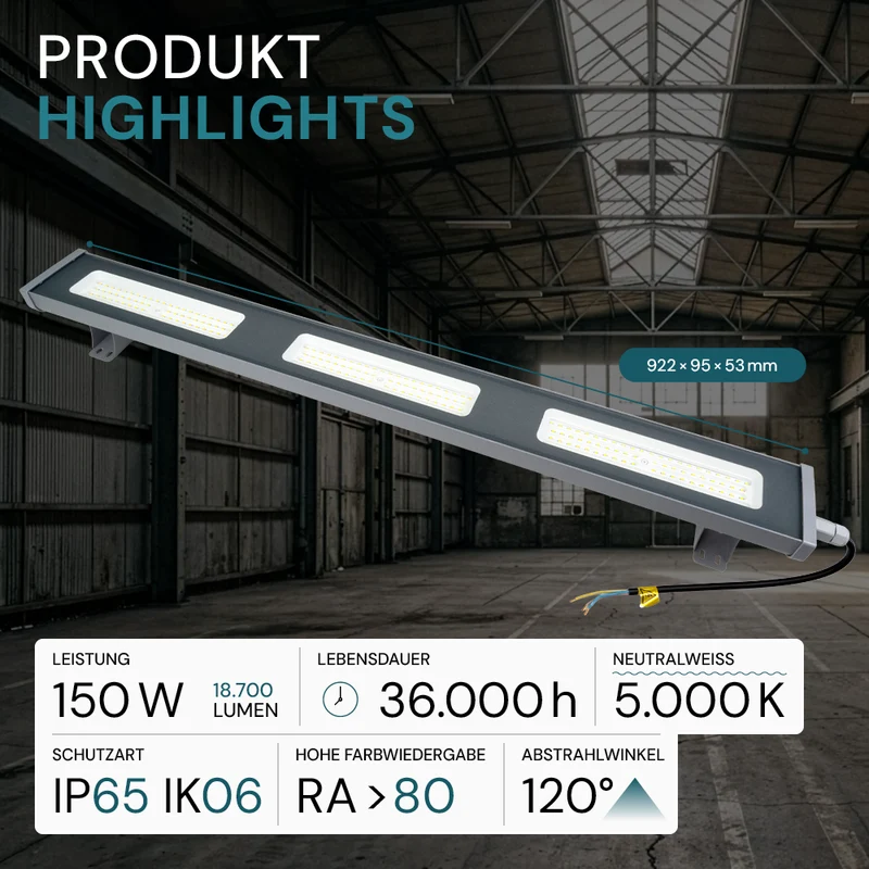 2er Pack LED-Hallenleuchte, linear, 150 W, 18700 lm, 5000 K (neutralweiß), IP65, grau