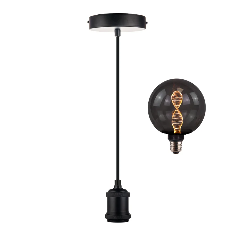LED Filament Leuchtmittel DNA schwarzes Glas, inkl schwarzer E27-Fassung mit Textilkabel 1,5m, E27, 3.5W, 120lm, 1800K, dimmbar