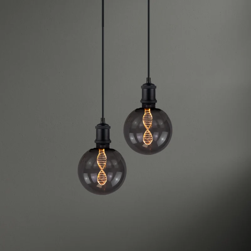 LED Filament Leuchtmittel DNA schwarzes Glas, inkl schwarzer E27-Fassung mit Textilkabel 1,5m, E27, 3.5W, 120lm, 1800K, dimmbar