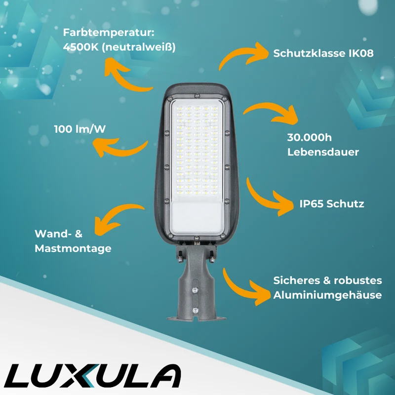 2er Pack LED Straßenleuchte, 50 W, 4500 K (neutralweiß), 5000 lm, grau, IP65, Wand- und Mastmontage