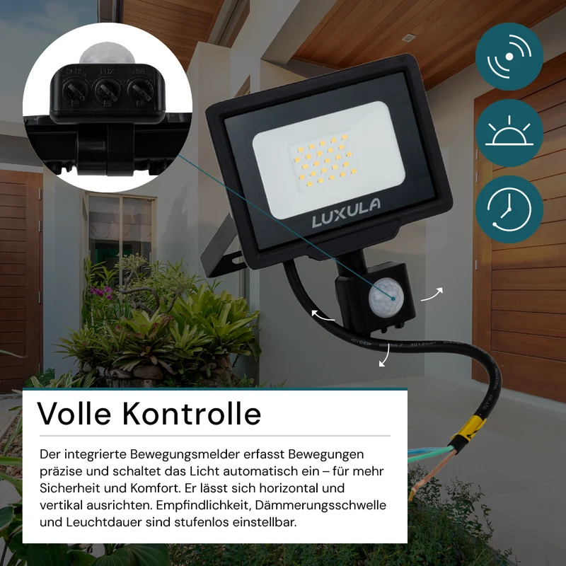 2er Pack LED-Fluter mit Bewegungsmelder, 20 W, 4000 K (neutralweiß), 2000 lm, schwarz, IP65
