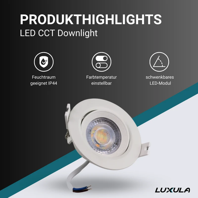 2er Set LED CCT Downlight schwenkbar, 7W, 718lm, 38°, IP44, 3000K-4000K-6000K einstellbar