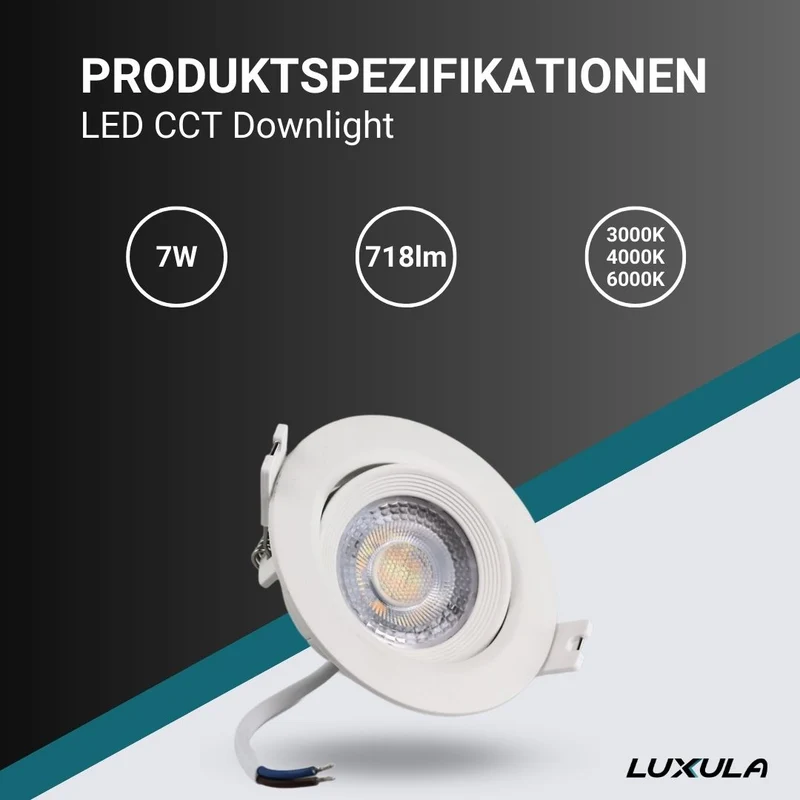 2er Set LED CCT Downlight schwenkbar, 7W, 718lm, 38°, IP44, 3000K-4000K-6000K einstellbar
