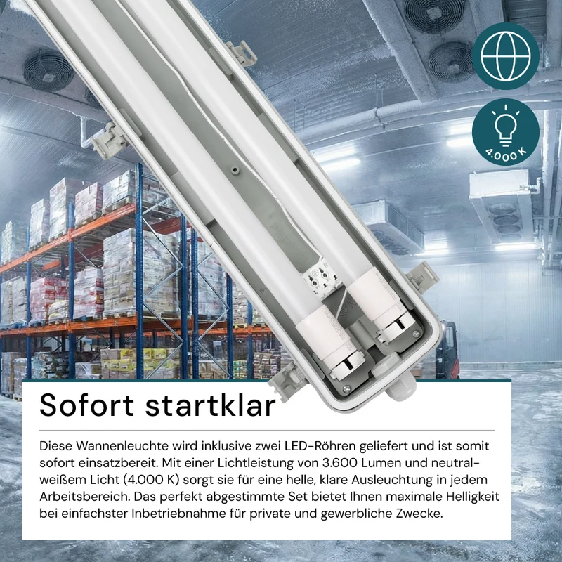 4er Pack LED Wannenleuchte 120cm, inkl 2x18W LED-Röhren T8, 4000K, IP65, IK08