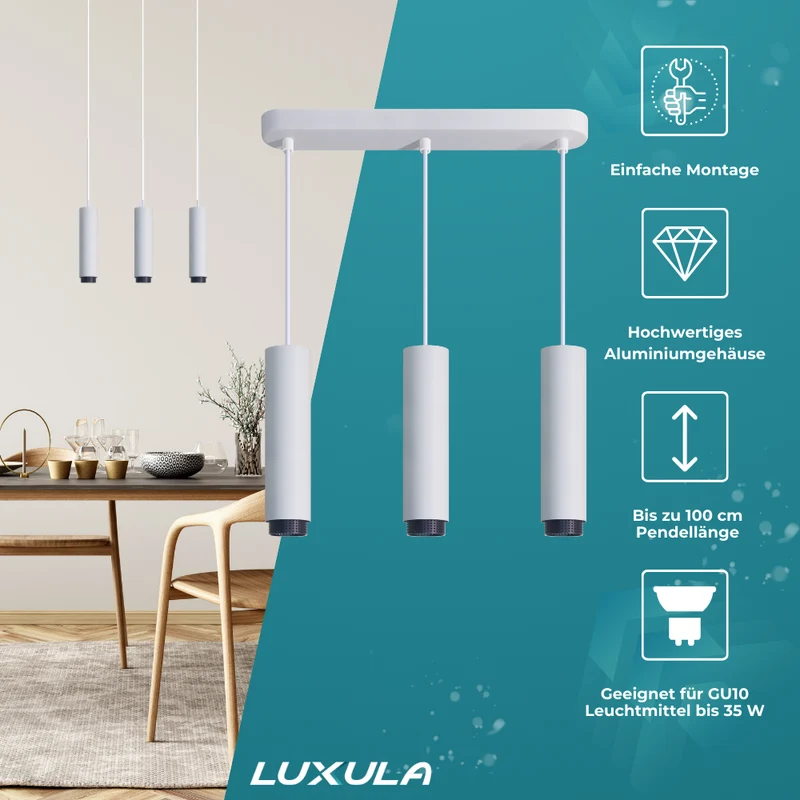 LED-Pendelleuchte, weiß/schwarz, aus Aluminium, 3-flammig, GU10-Fassung, IP20