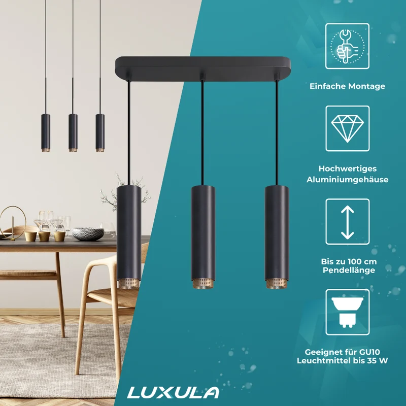 LED-Pendelleuchte, schwarz/gold, aus Aluminium, 3-flammig, GU10-Fassung, IP20