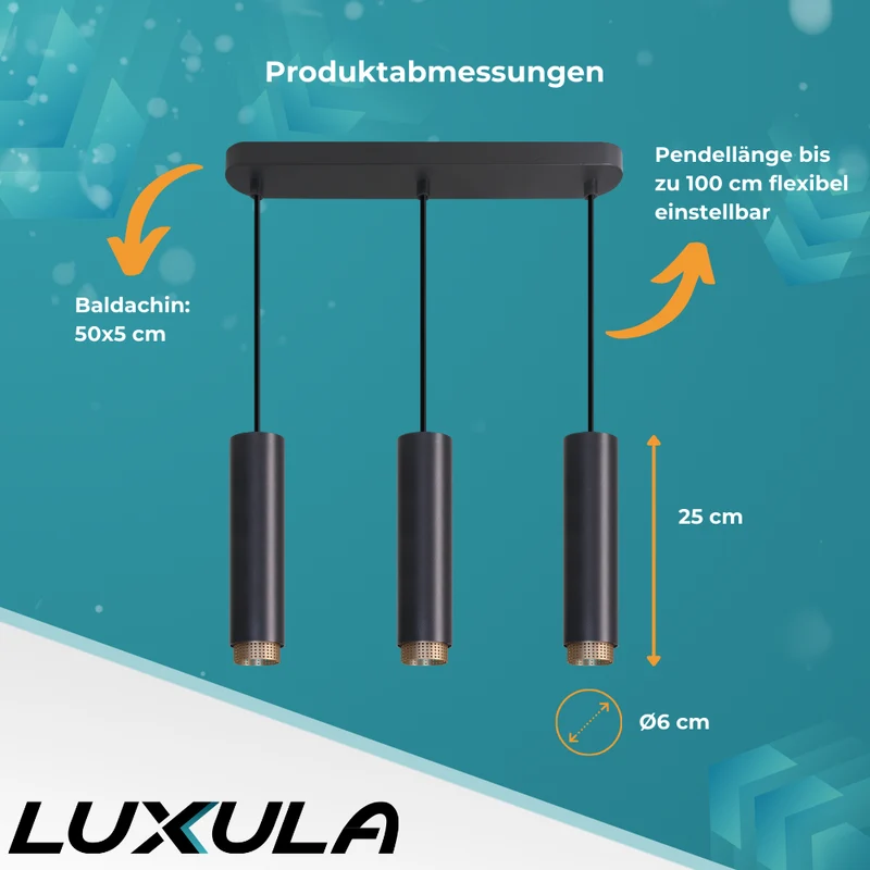LED-Pendelleuchte, schwarz/gold, aus Aluminium, 3-flammig, GU10-Fassung, IP20