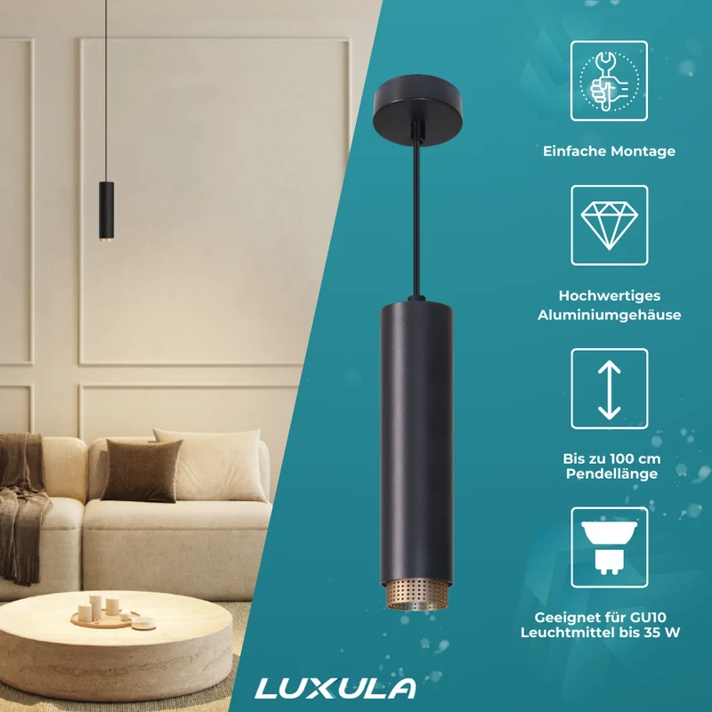 LED-Pendelleuchte, schwarz/gold, aus Aluminium, 1-flammig, GU10-Fassung, IP20
