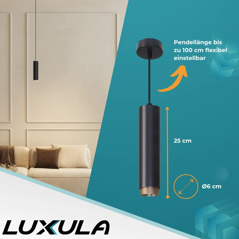 LED-Pendelleuchte, schwarz/gold, aus Aluminium, 1-flammig, GU10-Fassung, IP20