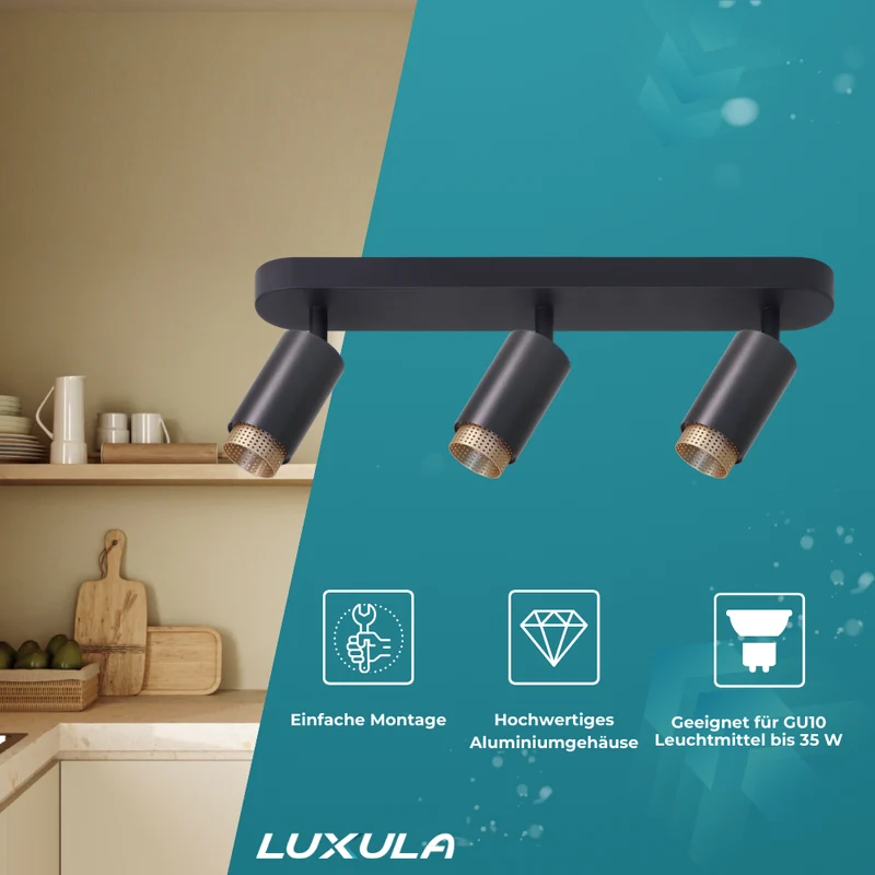 Schwenkbarer LED Aufbauspot mit GU10 Fassung, 3-flammig, schwarz/gold, IP20, Aluminium