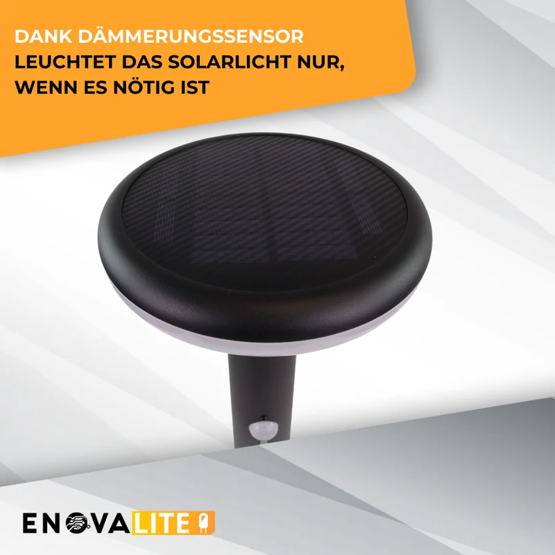 2er-Pack Solar Wegeleuchte mit PIR Sensor, rund, 3000 K (warmweiß), 12 Stunden Leuchtzeit, 3 Lichtmodi, IP54, aus Aluminium