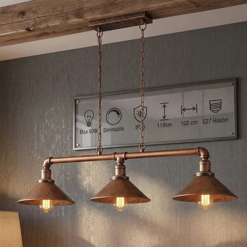 3-flammige Rohr Pendelleuchte – Vintage Industrie Billardlampe | Ø22cm | E27 ~1701