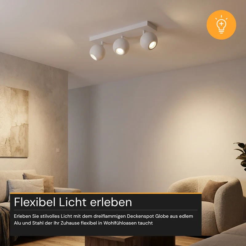 Deckenspot GLOBE, in Weiß, aus Alu und Stahl, 3-flammig, GU10-Fassung, IP20, Ø10cm