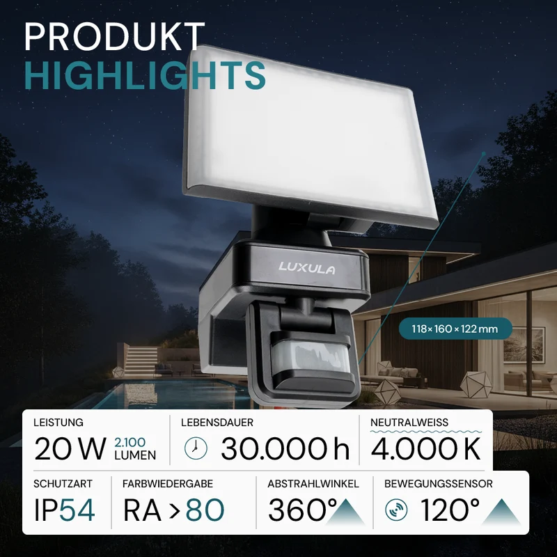 Schwenkbarer LED Fluter mit Bewegungsmelder, 20 W, 2100 lm, 4000 K (neutralweiß), IP54, flexibler Strahler, Aluminiumdruckguss, Wandleuchte