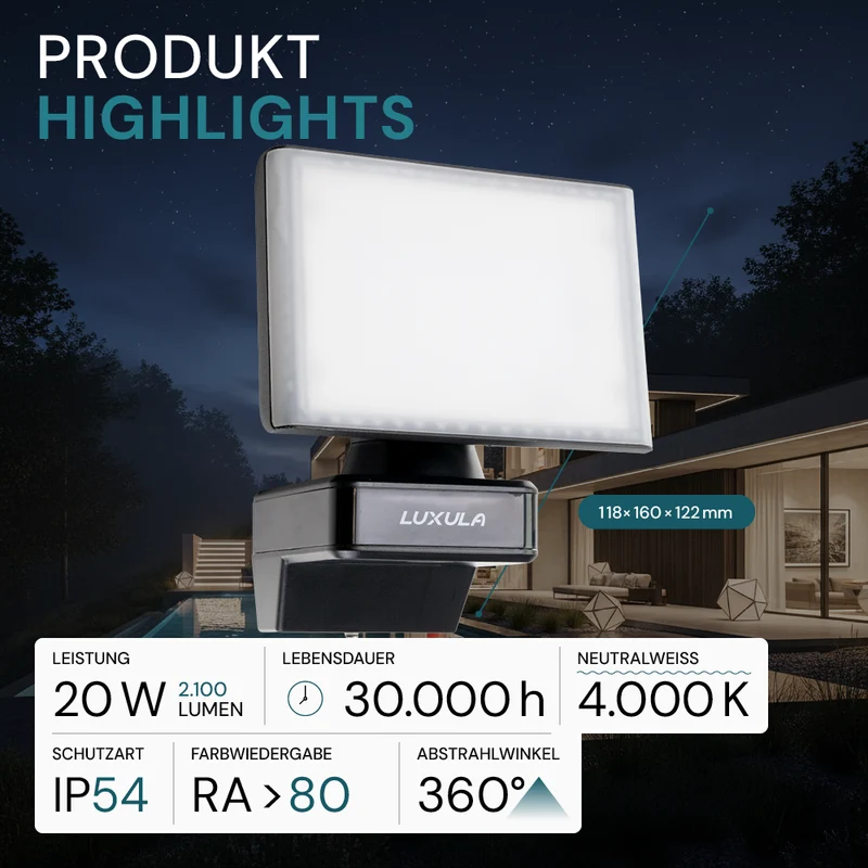 Schwenkbarer LED Fluter, 20 W, 2100 lm, 4000 K (neutralweiß), IP54, flexibler Strahler, Aluminiumdruckguss, Wandleuchte