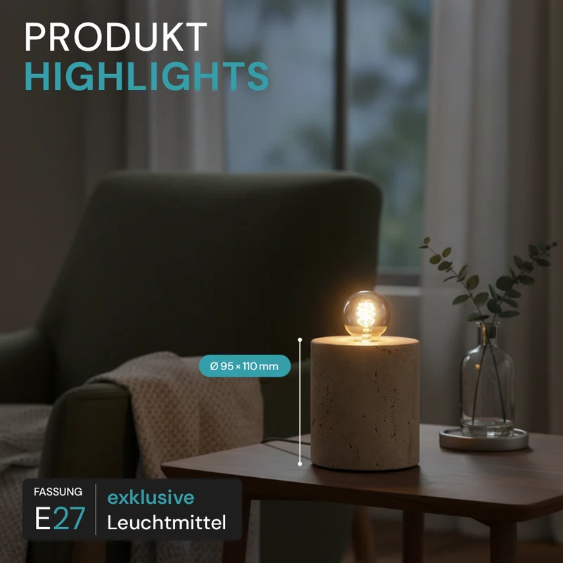 Tischleuchte E27, JAR, Zement, Textilkabel mit Schalter, exkl. Leuchtmittel