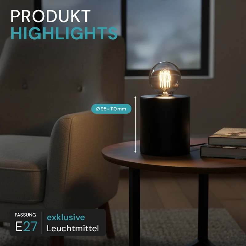 Tischleuchte E27, JAR, Metall schwarz, Textilkabel mit Schalter, exkl. Leuchtmittel