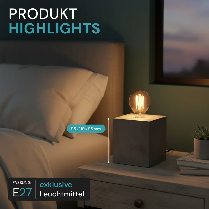 Tischleuchte E27, CUBE, Metall zementoptik, Textilkabel mit Schalter, exkl. Leuchtmittel