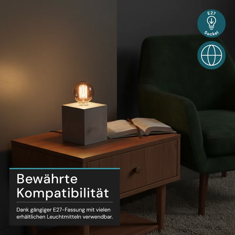 Tischleuchte E27, CUBE, Metall zementoptik, Textilkabel mit Schalter, exkl. Leuchtmittel