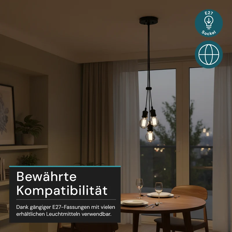 Hängeleuchte 3-Fach, E27, AVOCADO, Metall, schwarz, Textilkabel schwarz, exkl. Leuchtmittel