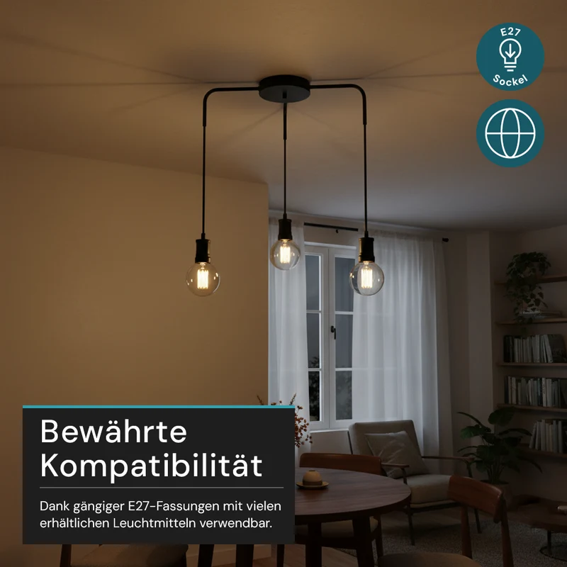 Hängeleuchte 3-Fach, E27, INDUSTRIAL, Metall, schwarz, Textilkabel schwarz, exkl. Leuchtmittel