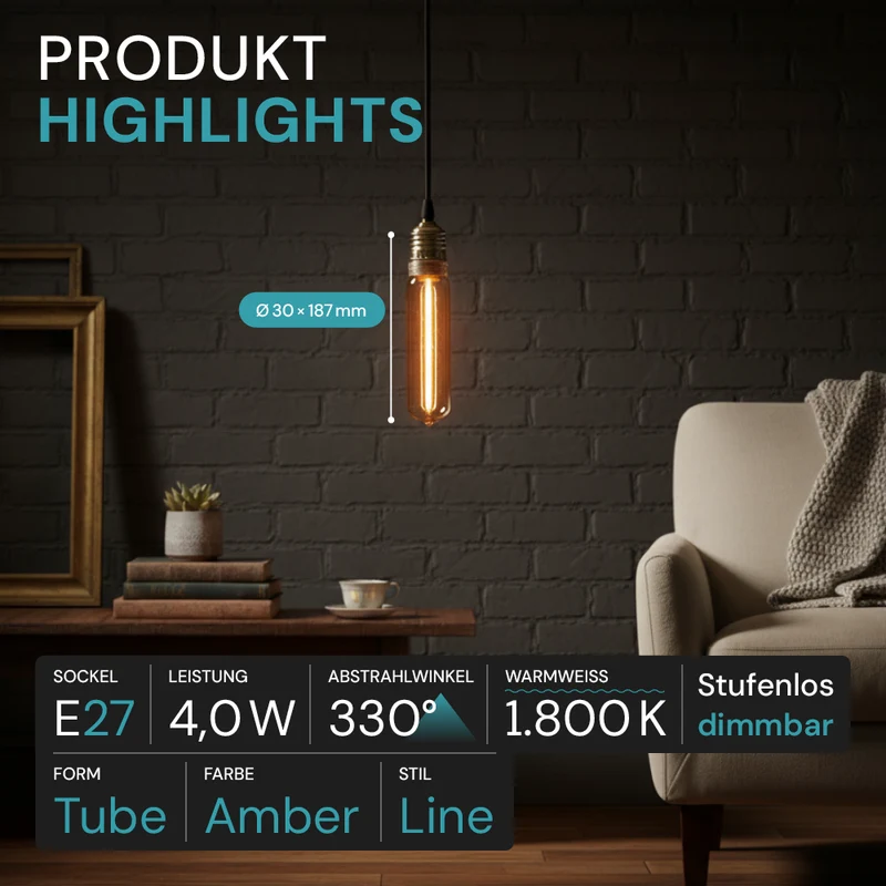 LED Filament Leuchtmittel, TUBE LINE, Amber, E27, T30, 2W, 65lm, 1800K, dimmbar