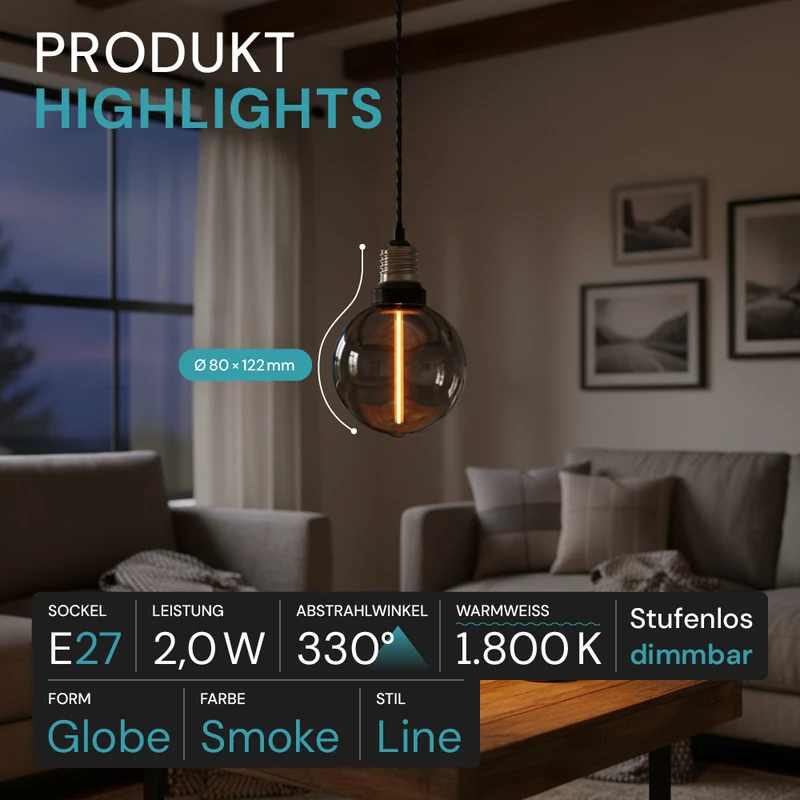 LED-Leuchtmittel, 2 W, 40 lm, 1800 K, E27, stufenlos dimmbar