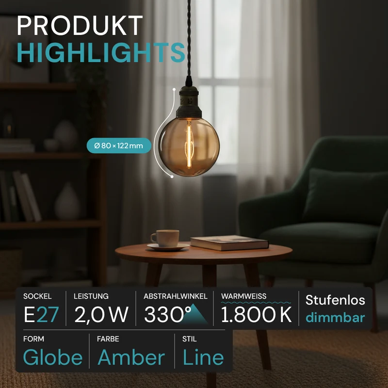 LED Filament Leuchtmittel, LINE, Amber, Globe G80, E27, 2W, 65lm, 1800K, dimmbar