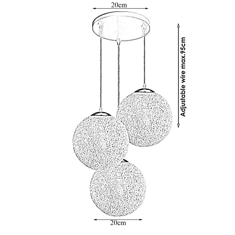 Moderne Pendelleuchte Rattan Hängelampe mit 3 Köpfe Kugel, 20 cm, Blau~2050