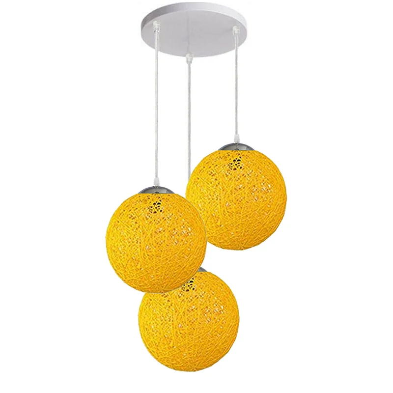Hochwertige Rattan Pendelleuchte mit 3 Köpfe Kugel, 20 cm, Creme~2048