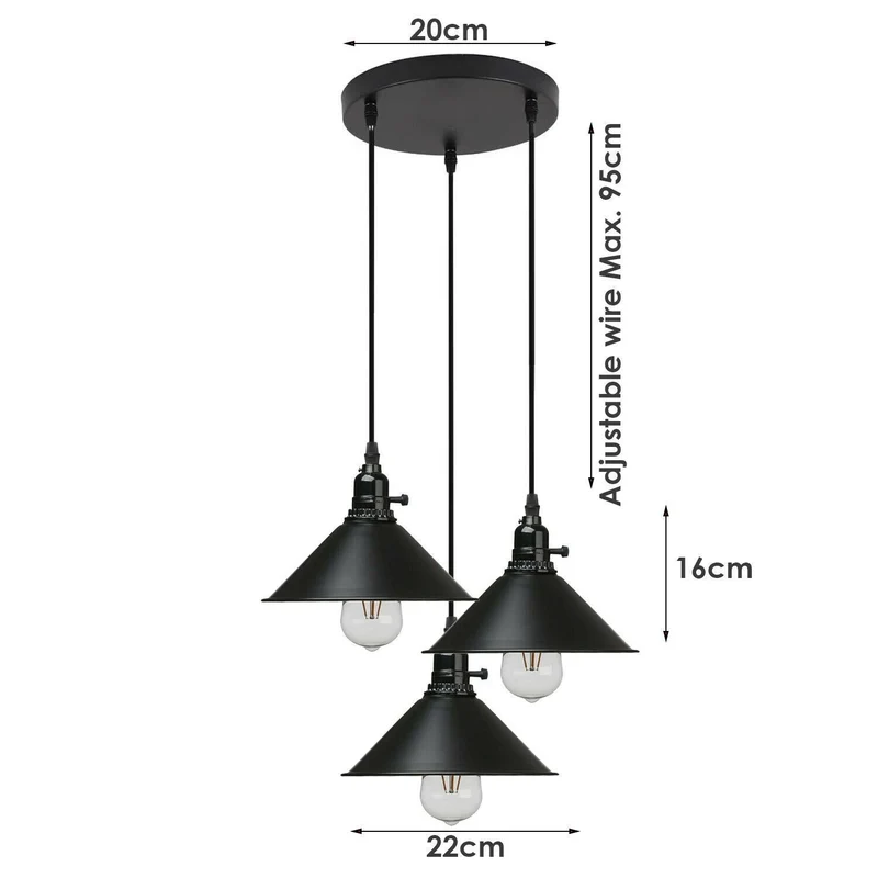 Vintage Industrie 3-Wege Deckenpendelleuchte Metall Retro Loft Hang Lampenschirm~1678