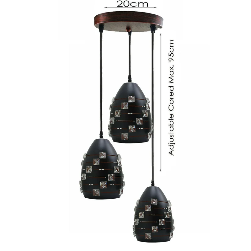 Retro Industrial 3-Kopf Pendelleuchte mit 95cm schwarzem verstellbarem Draht~1795