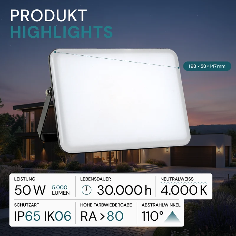LED-Fluter mit Schnellverbinder, rahmenloses Design, 50 W, 4000 K (neutralweiß), 5000 lm, IP65