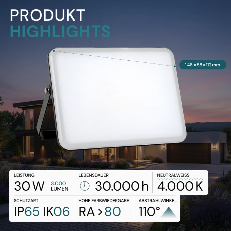 LED-Fluter mit Schnellverbinder, rahmenloses Design, 30 W, 4000 K (neutralweiß), 3000 lm, IP65