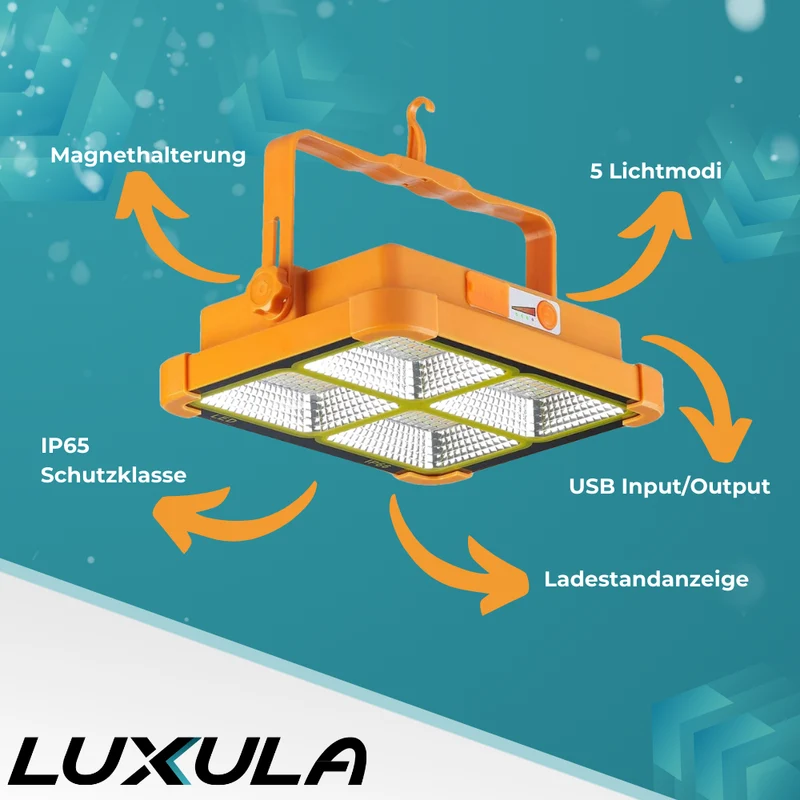 Solar Baustrahler mit Akku, CCT, 6 Std.Leuchtzeit, USB In- & Output, IP65, Magnet- & Hängefunktion