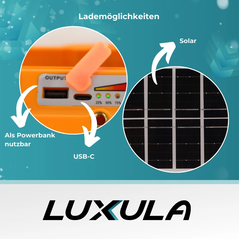 Solar Baustrahler mit Akku, CCT, 6 Std.Leuchtzeit, USB In- & Output, IP65, Magnet- & Hängefunktion