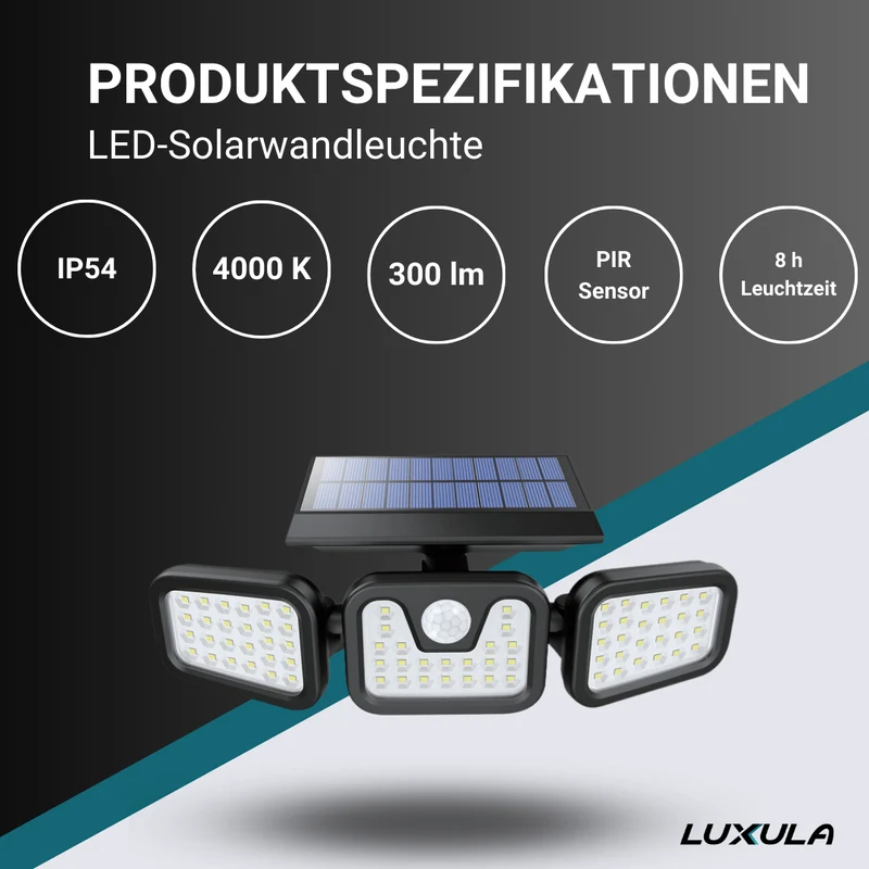 Solar Wandleuchte mit PIR-Sensor, 8 Stunden Leuchtdauer, 4000 K (neutralweiß), IP54, flexible Außenleuchte
