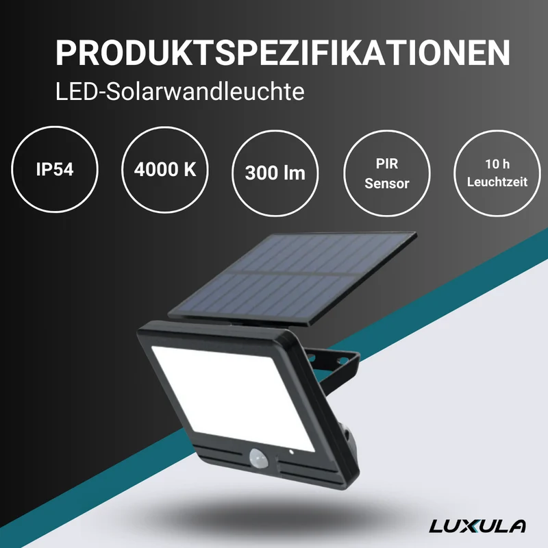 Solar Wandleuchte mit PIR-Sensor, 10 Stunden Leuchtdauer, 4000 K (neutralweiß), IP54, Außenleuchte