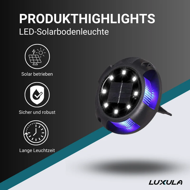 Solar Bodenleuchte, 10 Stunden Leuchtdauer, 4000 K (neutralweiß) und blau, IP44, Gartenleuchte