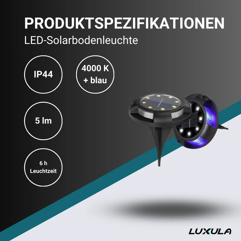 Solar Bodenleuchte, 10 Stunden Leuchtdauer, 4000 K (neutralweiß) und blau, IP44, Gartenleuchte