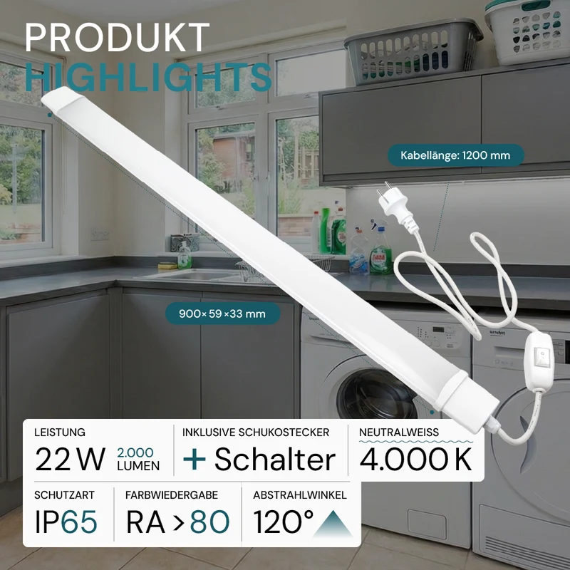 LED Feuchtraumleuchte, 22 W, 2000lm, 4000K, 900 mm, IP65, mit Schalter und IP44 Stecker