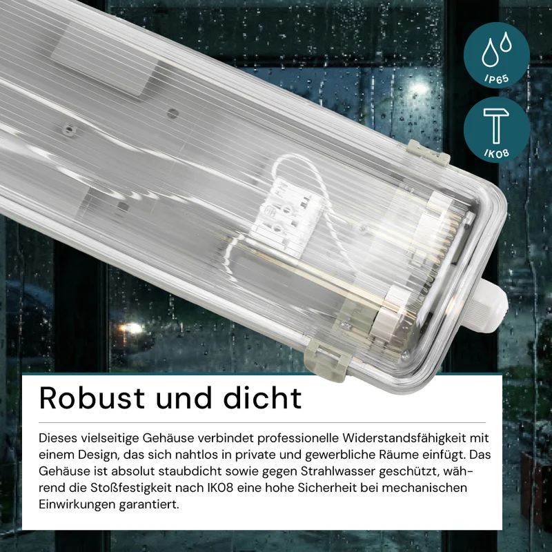 LED Wannenleuchte Gehäuse für 2x LED-Röhren T8, 120cm, IP65, IK08