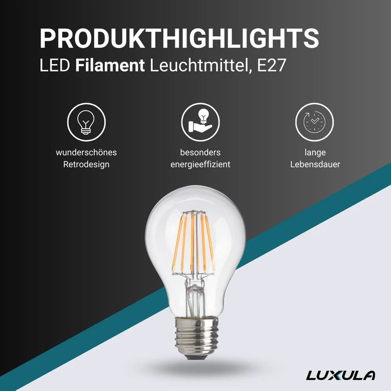 10er Pack LED Filament Leuchtmittel E27, A60, 7W, 700lm, 2700K, transparentes Glas