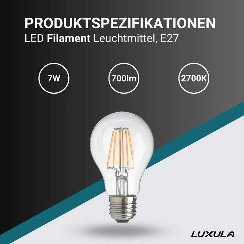 10er Pack LED Filament Leuchtmittel E27, A60, 7W, 700lm, 2700K, transparentes Glas