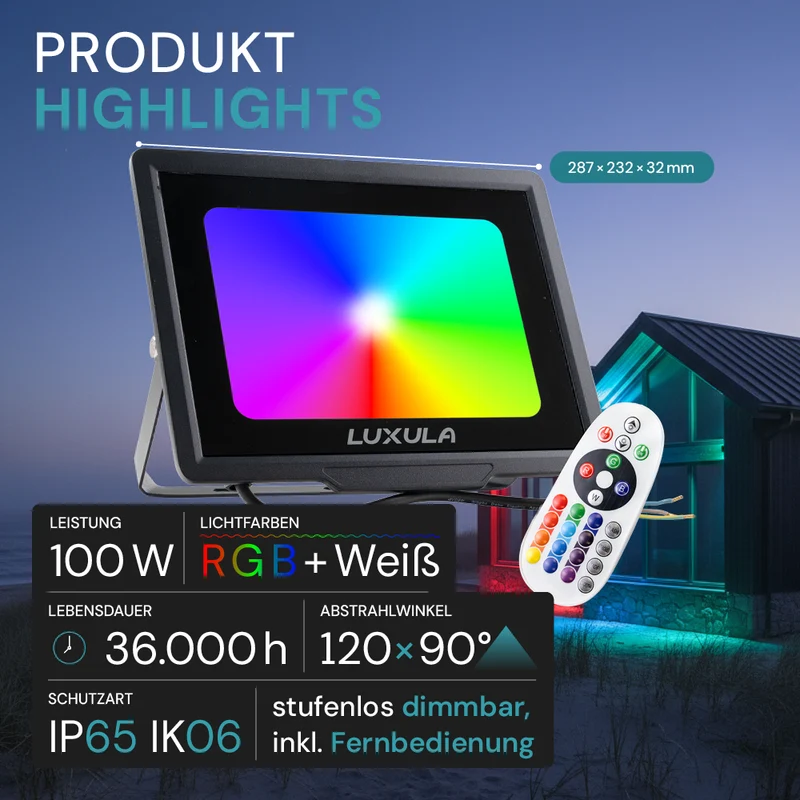 RGB LED-Fluter, 100 W, schwarz, IP65, mit Fernbedienung, RGBW-Farbwechsel