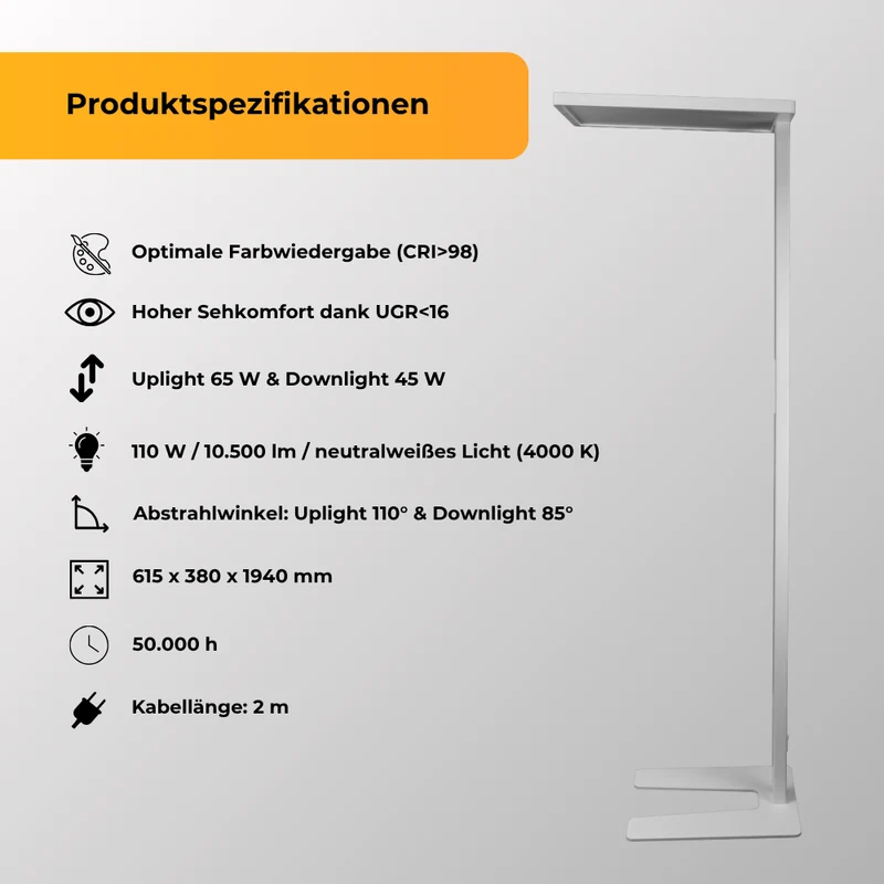 LED Büro-Stehleuchte Up&Down mit Bewegungssensor, 110W, 10.500lm, 4000K, UGR 98, dimmbar