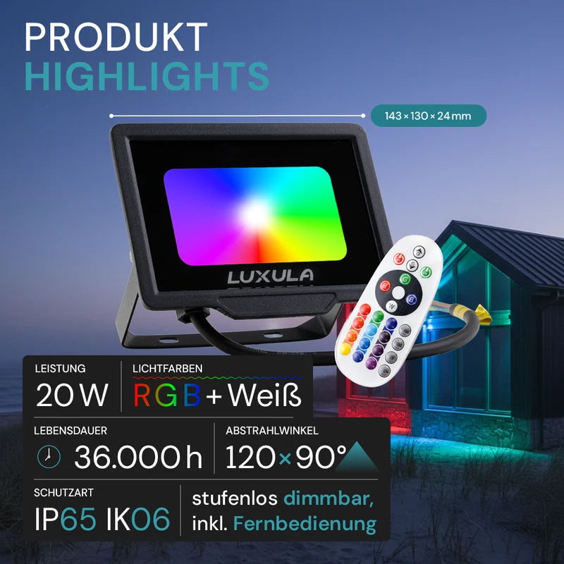 RGB LED-Fluter, 20 W, schwarz, IP65, mit Fernbedienung, RGBW-Farbwechsel