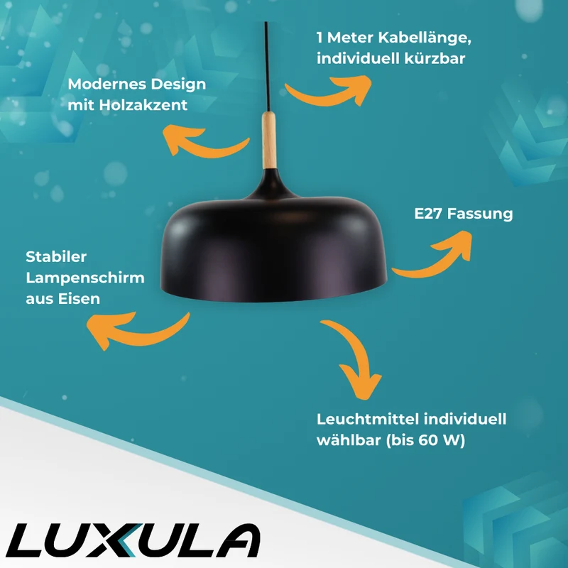 Moderne Pendelleuchte in schwarz, runde Form, aus Metall, E27-Fassung, IP20, Ø30 cm